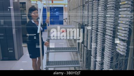 Image of glitch over caucasian woman checking servers Stock Photo