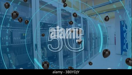Image of black balloons and 5g over servers Stock Photo