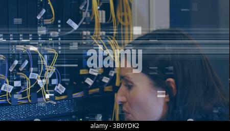 Image of glitch over servers and computer wires Stock Photo