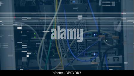 Image of glitch over servers and computer wires Stock Photo
