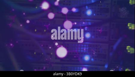 Image of molecules floating over servers Stock Photo