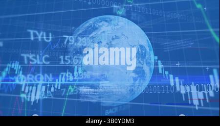 Image of financial data processing with binary coding over globe Stock Photo