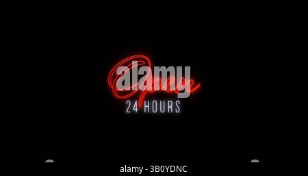 Image of open 24 hours text over black background Stock Photo