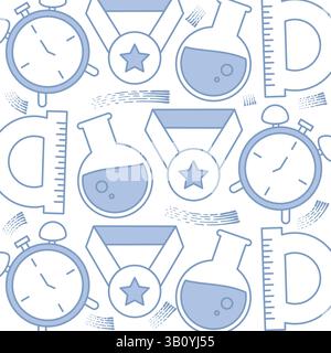 Science lab flasks medals and stopwatches in blue school themed arrangement. Vector illustration Stock Vector