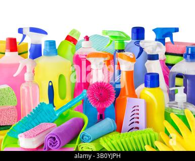 Various cleaning agents and tools isolated on white background Stock Photo