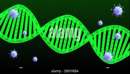 Displaying neon green DNA double helix spanning biotech space, with violet-purple virus particles Stock Photo
