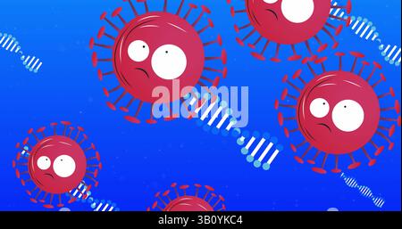 Floating red virus particle featuring spike proteins in blue background, with DNA helix segments Stock Photo
