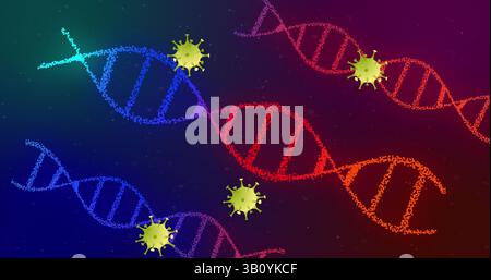 Displaying large red DNA double helix spinning on dark gradient background, with green virus icons Stock Photo