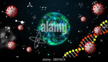 Floating polygonal globe glowing in dark digital space, with coronavirus particles and DNA helix Stock Photo