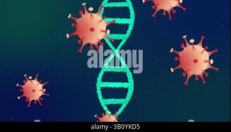 Displaying turquoise DNA helix running through abstract gradient background, with virus particles Stock Photo