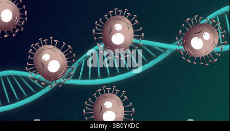 Floating brown virus particles circling twisting teal DNA helix in abstract scientific graphic Stock Photo