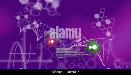 Displaying two cartoon viruses floating along white wireframe helix in lab, with code snippets Stock Photo
