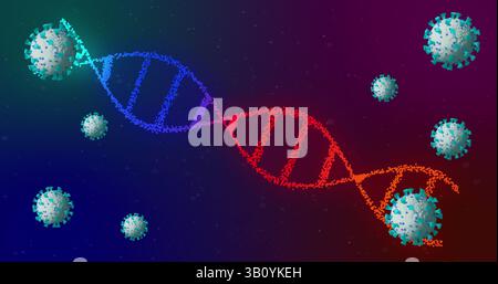 Twisting DNA helix transitioning color from blue to red in digital space, with virus-like particles Stock Photo
