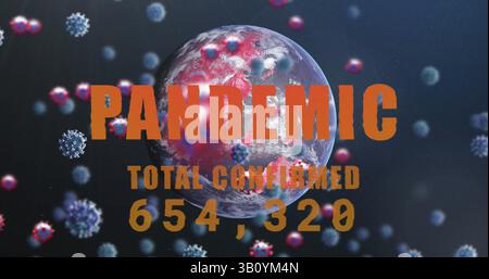 Image of virus cells, pandemic, globe and total confirmed with numbers Stock Photo