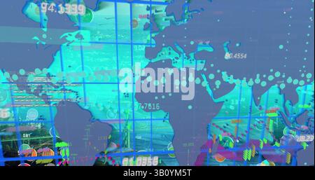Image of graphs and data over world map Stock Photo