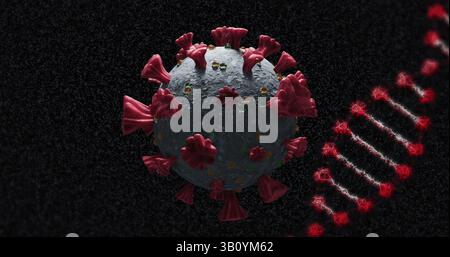 Image of covid 19 cell and dna strand spinning over black background Stock Photo