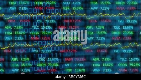 Image of financial data over binary code on black background Stock Photo