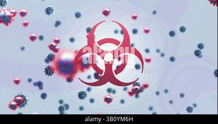 Displaying central red biohazard symbol hovering over blue lab illustration with virus particles Stock Photo