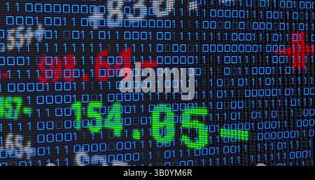 Image of financial data over binary code on black background Stock Photo