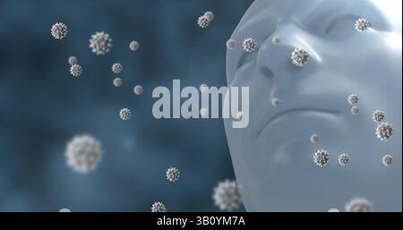 Showing translucent CGI head rotating in digital scene, with floating virus particles, copy space Stock Photo
