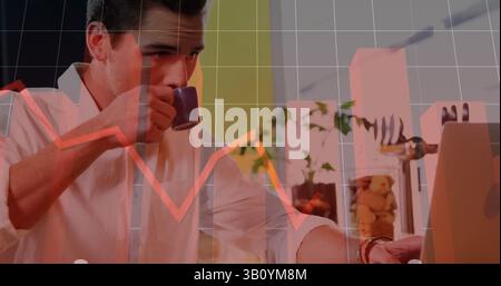 Image of financial data processing with red line, statistics over caucasian man using laptop Stock Photo