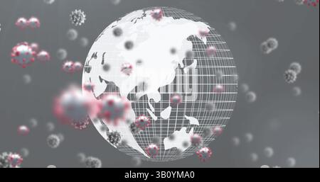 Floating wireframe globe showing Asia in grey virtual background, with red-spiked virus particles Stock Photo