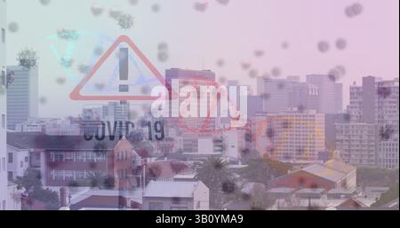 Image of covid 19 text and cells over dna strand spinning and cityscape Stock Photo