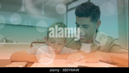 Image of bokeh over happy caucasian father helping son doing homework Stock Photo