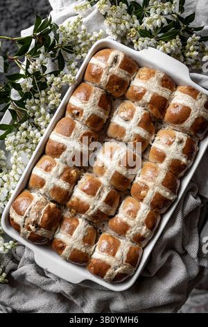 Hot cross buns in a baking dish Stock Photo