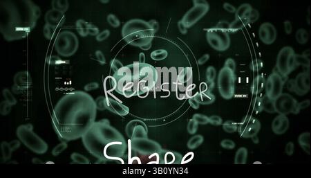 Image of register text and data processing over virus and blood cells Stock Photo