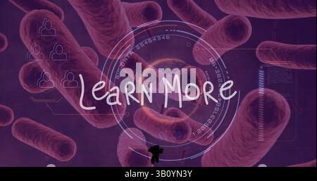 Image of learn more text and data processing over virus cells Stock Photo