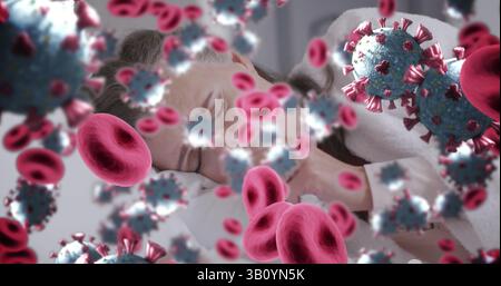 Lying woman resting on white pillow in bedroom, with 3D coronavirus particles and red blood cells Stock Photo