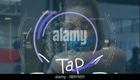 Image of data processing and tap text over caucasian woman wearing face mask Stock Photo