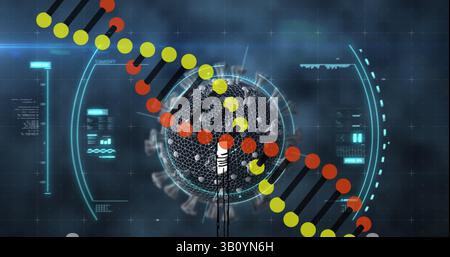 Image of dna strand and data processing over virus cell Stock Photo