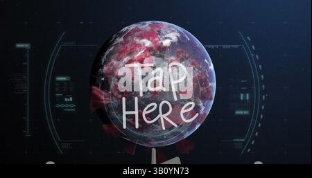 Image of tap here text and data processing over globe and virus cells Stock Photo