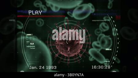 Image of interference and data processing over virus and blood cells Stock Photo