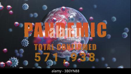 Showing digital Earth globe displaying pandemic text overlay in deep space with 3D virus particles Stock Photo