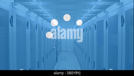 Image of white dots over server room Stock Photo