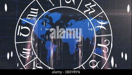 Image of zodiac signs over data processing and world map on black background Stock Photo