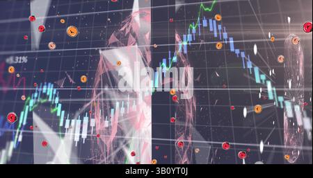Displaying candlestick chart with rising green line at interface, with shards and crypto tokens Stock Photo