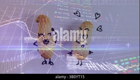 Image of data processing over white background and peanuts Stock Photo