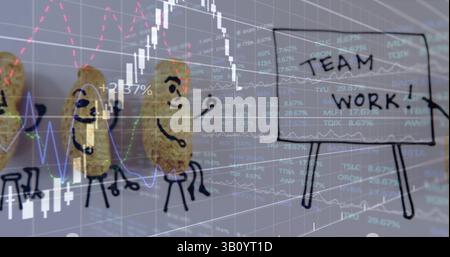 Image of data processing over teamwork text and peanuts Stock Photo