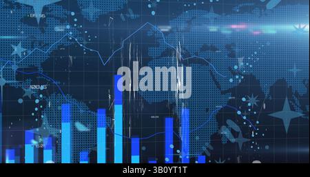 Image of data processing over stars and world map on black background Stock Photo