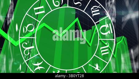 Image of zodiac signs over data processing on black background Stock Photo