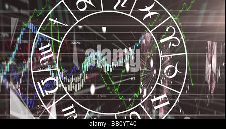Image of zodiac signs over data processing on black background Stock Photo