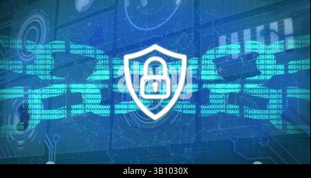 Image of digital shield with padlock and block chain on blue background with diverse data Stock Photo