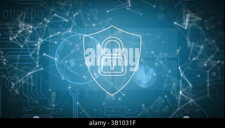 Image of digital shield with padlock and connections on blue background Stock Photo