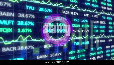 Image of moving clock and financial data processing over office in background Stock Photo