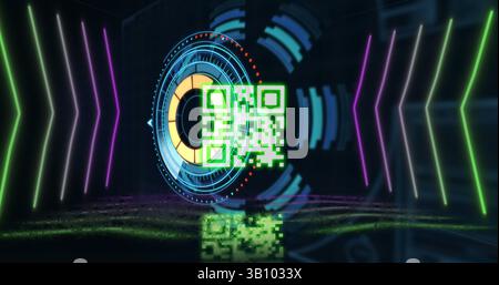 Image of qr code over neon shapes and scope scanning on black background Stock Photo