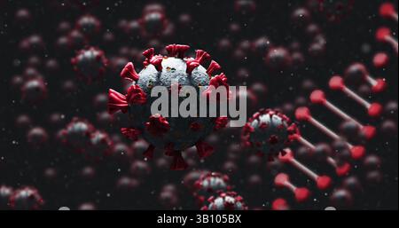 Image of dna strand spinning over covid 19 cells falling on dark background Stock Photo